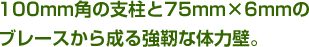100mm角の支柱と75mm×6mmのブレースから成る強靭な体力壁。